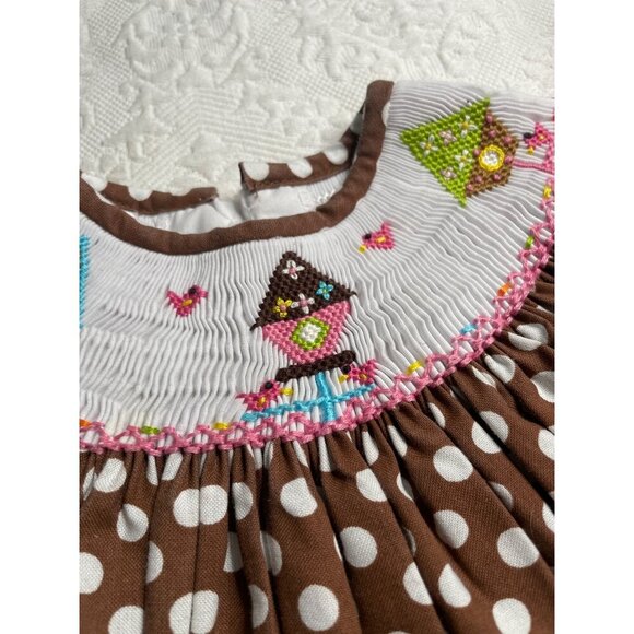 Brown Polka Dot Baby Dress 12M By Cukees With Embroidered Collar & Ruffled Sleev - Picture 3 of 5